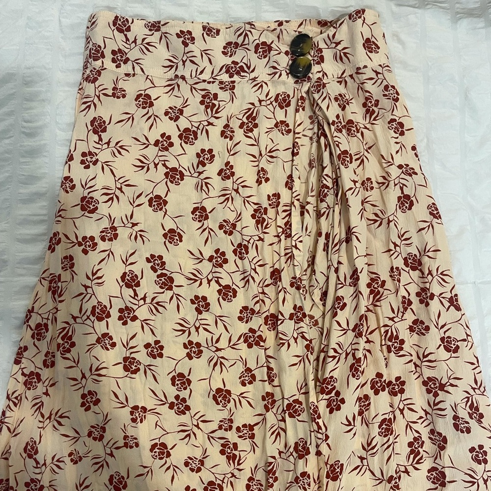 anthropologie pink floral midi skirt